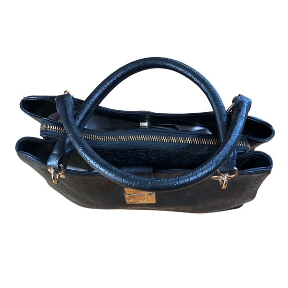 Guess Black Handbag Embossed Logo Faux Leather Purse Gold-Tone Hardware Handles - Picture 3 of 15